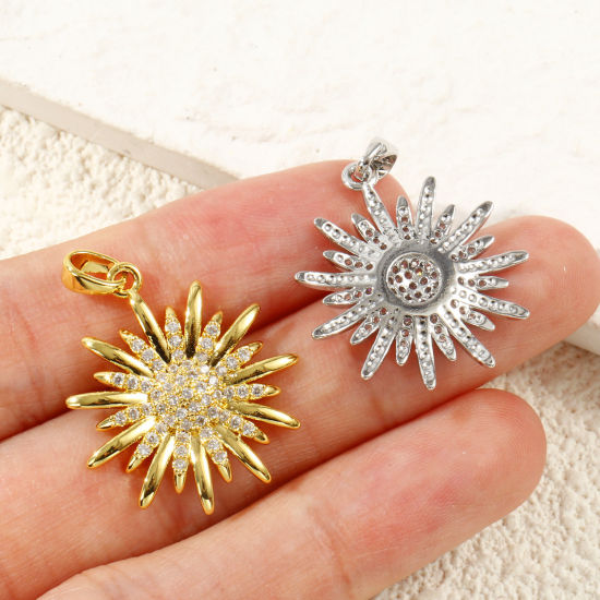 Immagine di 2 Pz Ottone Ciondoli Pendenti All'Ingrosso Multicolore Girasole Micro Spianare Trasparente Cubic Zirconiae 28mm x 22mm