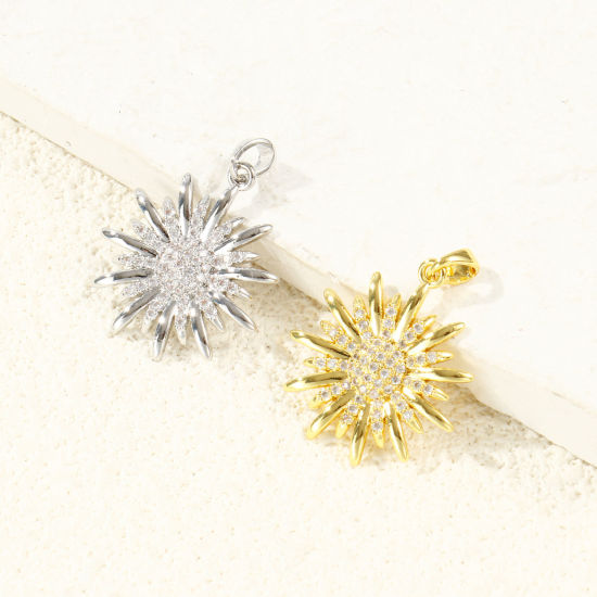 Immagine di 2 Pz Ottone Ciondoli Pendenti All'Ingrosso Multicolore Girasole Micro Spianare Trasparente Cubic Zirconiae 28mm x 22mm