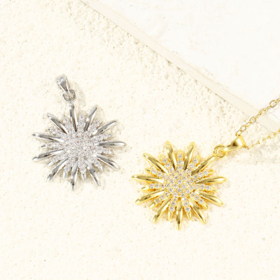 Immagine di 2 Pz Ottone Ciondoli Pendenti All'Ingrosso Multicolore Girasole Micro Spianare Trasparente Cubic Zirconiae 28mm x 22mm
