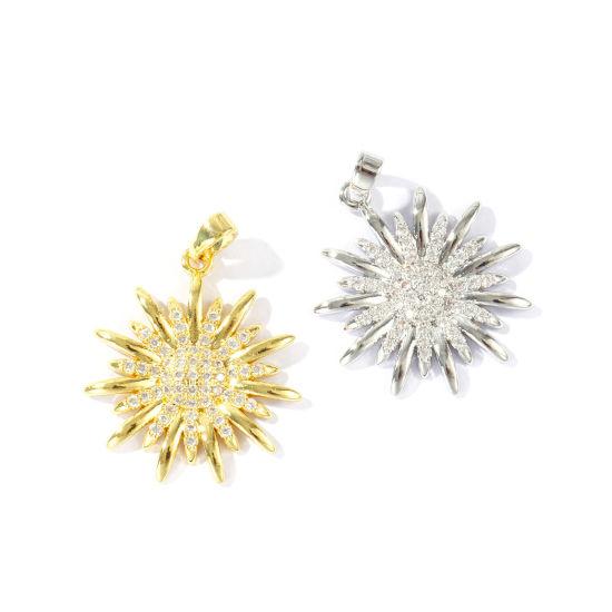 Immagine di 2 Pz Ottone Ciondoli Pendenti All'Ingrosso Multicolore Girasole Micro Spianare Trasparente Cubic Zirconiae 28mm x 22mm