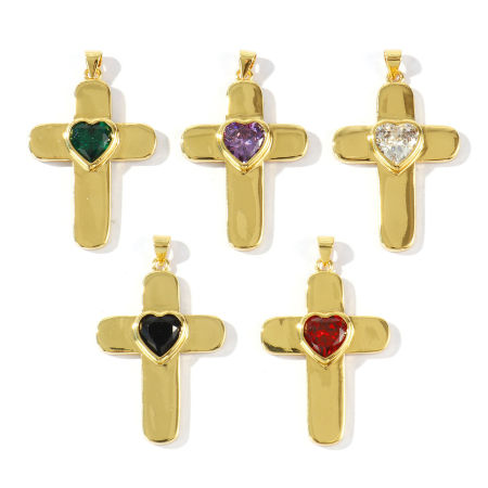 Immagine di 1 Pz Ecologico Ottone + Zircone Cubico Religione Ciondoli Pendenti All'Ingrosso 18K Vero Oro Placcato Croce Cuore 4.2cm x 2.6cm