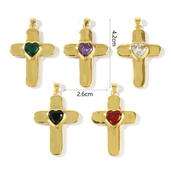 Image de 1 Pièce Pendentifs En Gros Religieux Respectueux de la Nature en Laiton & Zirconia Cubique Plaqué Or Véritable 18K Croix Cœur 4.2cm x 2.6cm