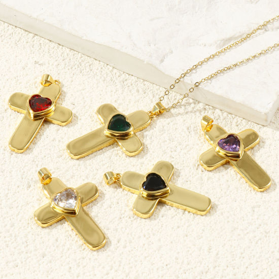 Image de 1 Pièce Pendentifs En Gros Religieux Respectueux de la Nature en Laiton & Zirconia Cubique Plaqué Or Véritable 18K Croix Cœur 4.2cm x 2.6cm