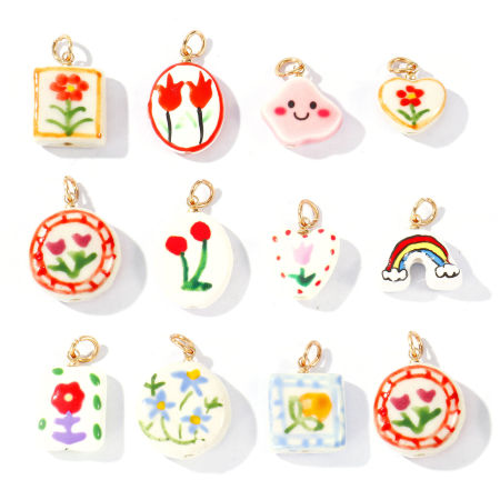Bild von Keramik und Messing Charms Großhandel 18K Vergoldet Bunt Blumen Regenbogen Doppelseitig