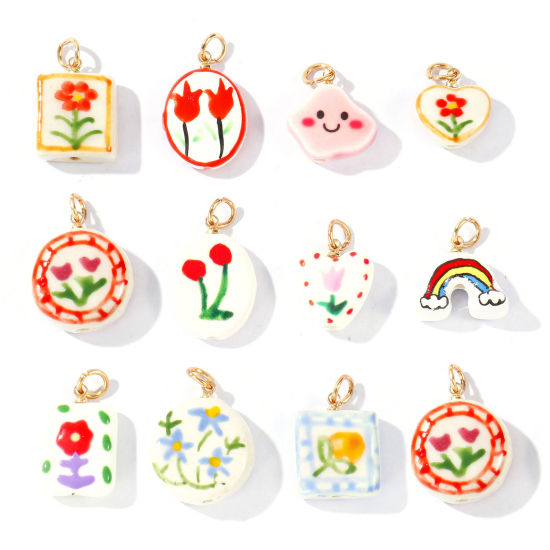 Picture of Ceramic & Brass Charms Wholesale 18K Gold Plated Multicolor Flower Rainbow Double Sided