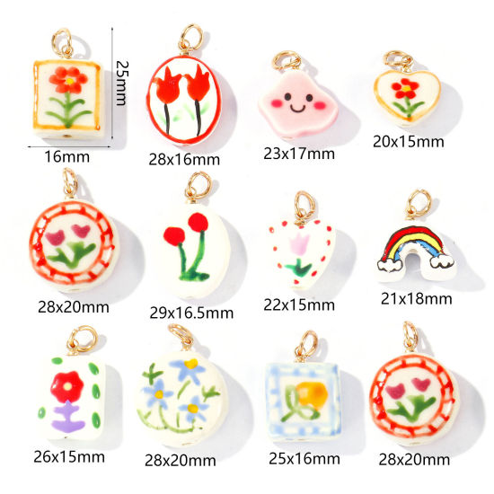 Picture of Ceramic & Brass Charms Wholesale 18K Gold Plated Multicolor Flower Rainbow Double Sided