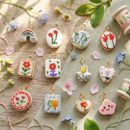 Picture of Ceramic & Brass Charms Wholesale 18K Gold Plated Multicolor Flower Rainbow Double Sided