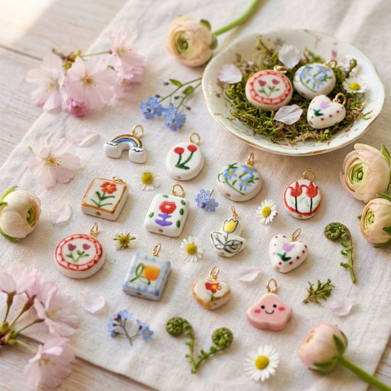 Picture of Ceramic & Brass Charms Wholesale 18K Gold Plated Multicolor Flower Rainbow Double Sided