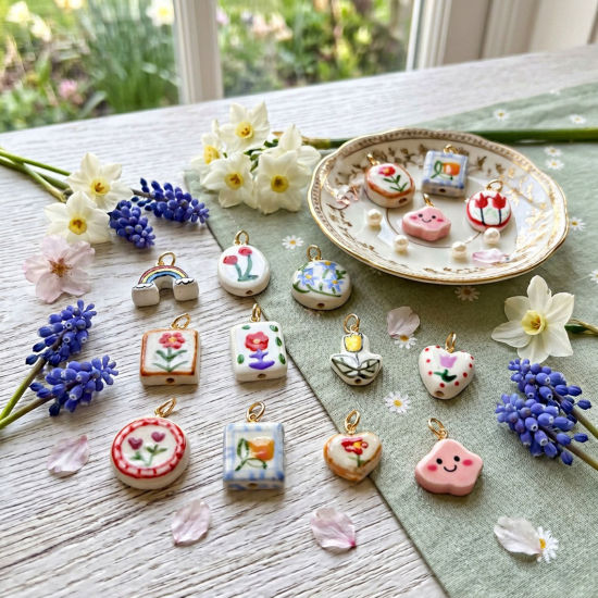 Picture of Ceramic & Brass Charms Wholesale 18K Gold Plated Multicolor Flower Rainbow Double Sided