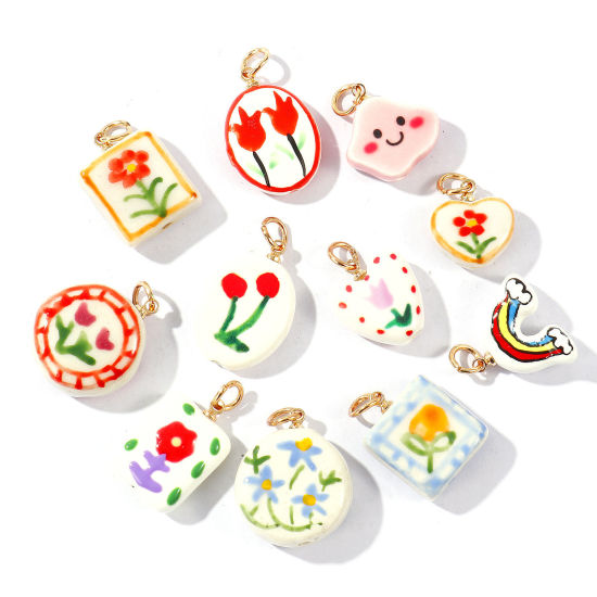 Picture of Ceramic & Brass Charms Wholesale 18K Gold Plated Multicolor Flower Rainbow Double Sided