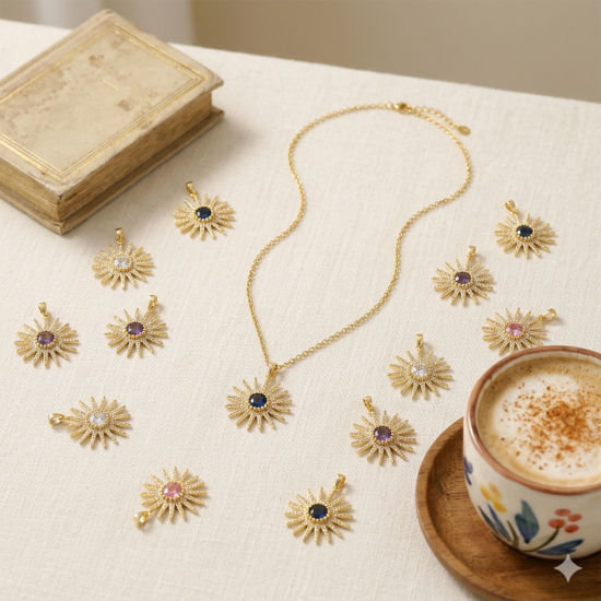 Image de 1 Pièce Pendentifs En Gros Galaxie en Laiton Plaqué Or 18K Soleil à Zircone Cubique Clair 3cm x 2.3cm