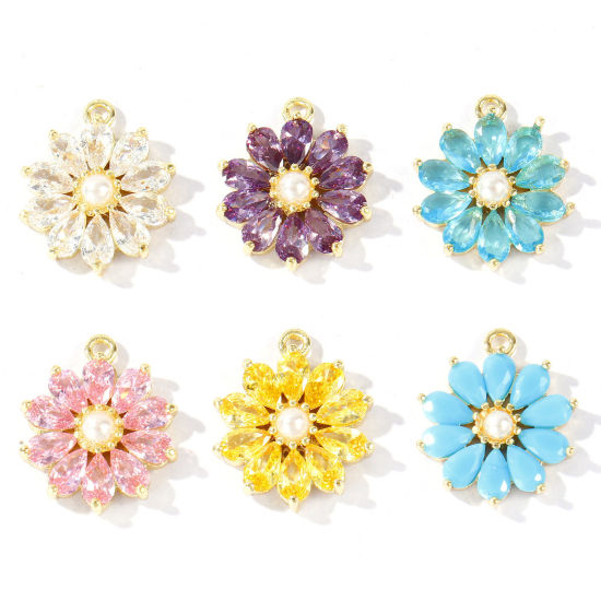 Imagen de 1 Unidad Latón Colgantes Al Por Mayor Oro Real Chapado Flor Acrílico Imitación de Perla Multicolor Circón Artificial 18mm x 15mm