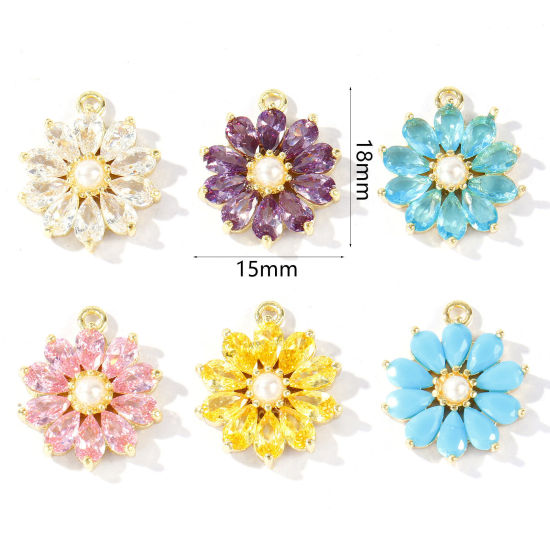 Imagen de 1 Unidad Latón Colgantes Al Por Mayor Oro Real Chapado Flor Acrílico Imitación de Perla Multicolor Circón Artificial 18mm x 15mm