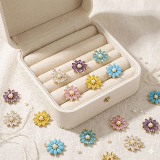 Imagen de 1 Unidad Latón Colgantes Al Por Mayor Oro Real Chapado Flor Acrílico Imitación de Perla Multicolor Circón Artificial 18mm x 15mm
