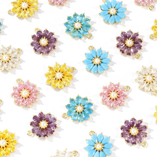 Imagen de 1 Unidad Latón Colgantes Al Por Mayor Oro Real Chapado Flor Acrílico Imitación de Perla Multicolor Circón Artificial 18mm x 15mm
