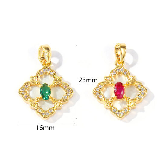 Picture of Natural Shell & Brass Charm Pendant Wholesale 18K Gold Plated Rhombus Micro Pave Clear Cubic Zirconia 23mm x 16mm