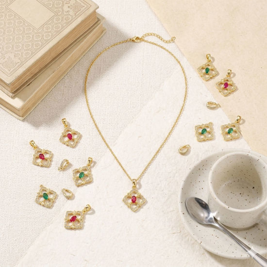 Picture of Natural Shell & Brass Charm Pendant Wholesale 18K Gold Plated Rhombus Micro Pave Clear Cubic Zirconia 23mm x 16mm