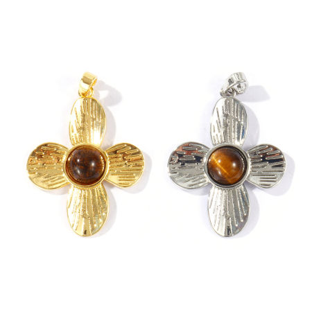 Immagine di 1 Pz Ottone & Pietra di Occhi di Tigre Ciondoli Pendenti All'Ingrosso Multicolore Marrone Fiore 3.6cm x 2.4cm