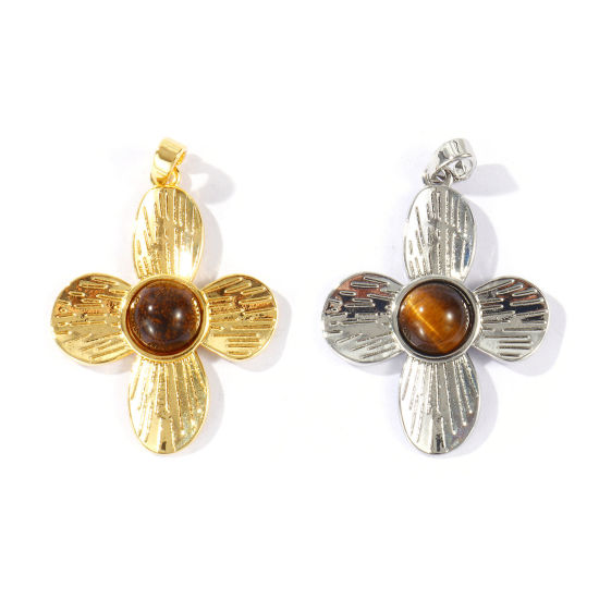 Immagine di 1 Pz Ottone & Pietra di Occhi di Tigre Ciondoli Pendenti All'Ingrosso Multicolore Marrone Fiore 3.6cm x 2.4cm