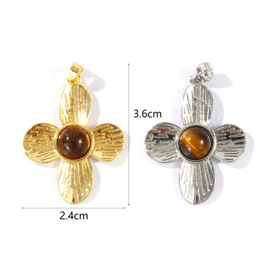 Immagine di 1 Pz Ottone & Pietra di Occhi di Tigre Ciondoli Pendenti All'Ingrosso Multicolore Marrone Fiore 3.6cm x 2.4cm