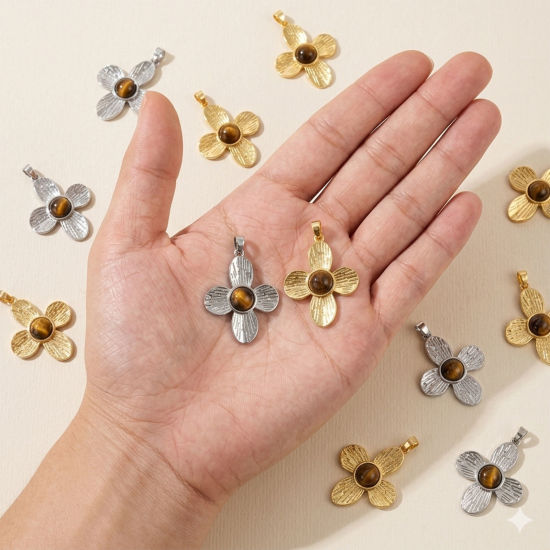 Immagine di 1 Pz Ottone & Pietra di Occhi di Tigre Ciondoli Pendenti All'Ingrosso Multicolore Marrone Fiore 3.6cm x 2.4cm