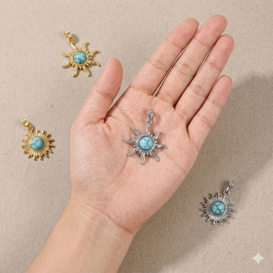 Picture of Brass & Turquoise Galaxy Charm Pendant Wholesale Multicolor Green Blue Sun