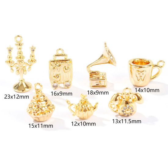 Image de 2 Pcs Breloques En Gros en Laiton Plaqué Or 18K Gramophone Théière 3D