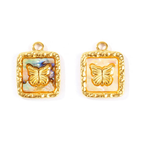Immagine di 2 Pz PVD Ecologica 304 Acciaio Inossidabile & Conchiglie Naturali Insetto Ciondoli All'Ingrosso 18K Vero Oro Placcato Quadrato Farfalla 19.5mm x 15mm