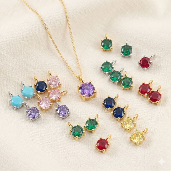 Bild von Messing Charms Großhandel Rund Bunt Kubischer Zirkon 4mm Dia