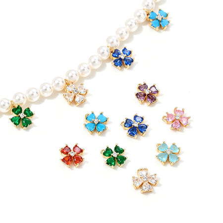 Immagine di 2 Pz Ecologico Ottone Ciondoli All'Ingrosso 14K Vero Oro Placcato Trifoglio del quattro-foglio Mini Multicolore Cubic Zirconiae 12mm x 10.5mm
