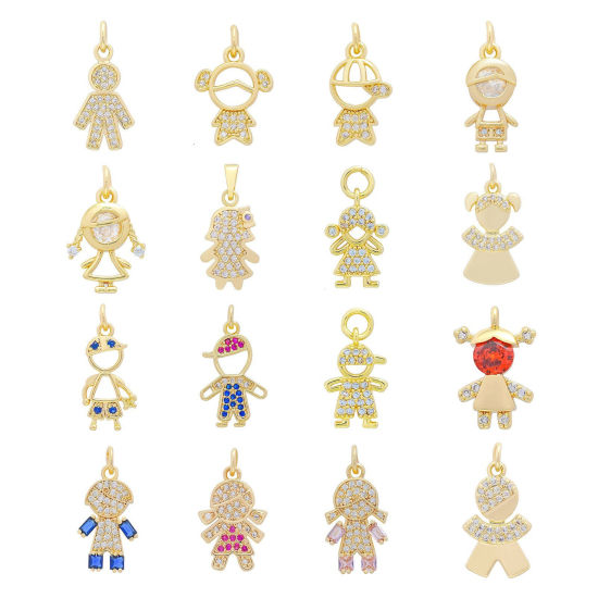 Picture of Brass Micro Pave Charms Wholesale 18K Gold Plated Boy Girl Clear Cubic Zirconia