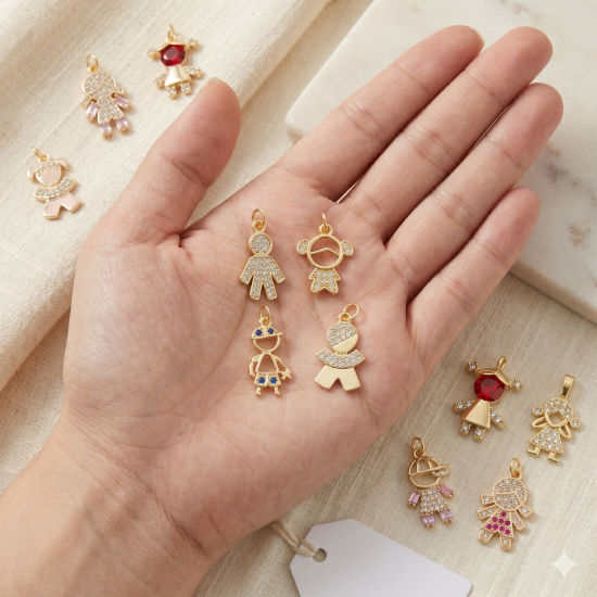 Picture of Brass Micro Pave Charms Wholesale 18K Gold Plated Boy Girl Clear Cubic Zirconia