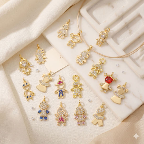 Picture of Brass Micro Pave Charms Wholesale 18K Gold Plated Boy Girl Clear Cubic Zirconia