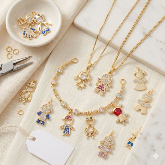 Picture of Brass Micro Pave Charms Wholesale 18K Gold Plated Boy Girl Clear Cubic Zirconia