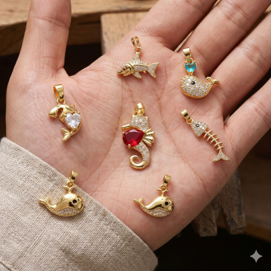 Picture of Brass Ocean Jewelry Charm Pendant Wholesale 18K Gold Plated Clear Cubic Zirconia