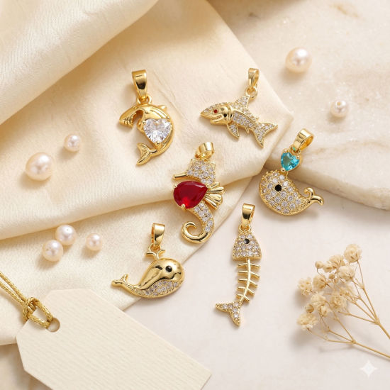 Picture of Brass Ocean Jewelry Charm Pendant Wholesale 18K Gold Plated Clear Cubic Zirconia