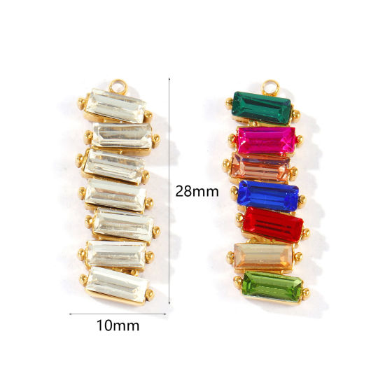 Picture of 1 Piece Eco-friendly PVD Waterproof Anti-Tarnish Hypoallergenic 304 Stainless Steel & Rhinestone Geometric Charms Wholesale 18K Real Gold Plated Strip 28mm x 10mm