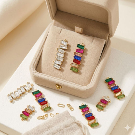 Picture of 1 Piece Eco-friendly PVD Waterproof Anti-Tarnish Hypoallergenic 304 Stainless Steel & Rhinestone Geometric Charms Wholesale 18K Real Gold Plated Strip 28mm x 10mm