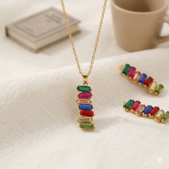 Picture of 1 Piece Eco-friendly PVD Waterproof Anti-Tarnish Hypoallergenic 304 Stainless Steel & Rhinestone Geometric Charms Wholesale 18K Real Gold Plated Strip 28mm x 10mm