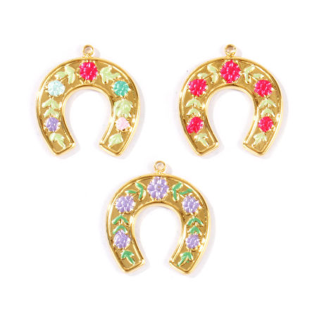 Immagine di 2 Pz PVD Ecologica Impermeabile Anti-Ossidante Ipoallergenico 304 Acciaio Inossidabile Cowboy dell'Ovest Ciondoli All'Ingrosso 18K Vero Oro Placcato Smalto Ferro di Cavallo Fiore 22.5mm x 21mm