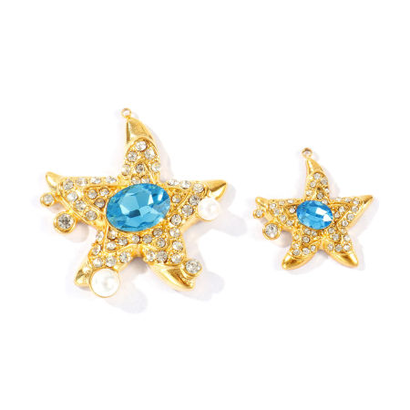 Immagine di 1 Pz PVD Ecologica Impermeabile Anti-Ossidante Ipoallergenico 304 Acciaio Inossidabile Gioielli Oceanici Ciondoli All'Ingrosso 18K Vero Oro Placcato Stella di Mare Blu Cubic Zirconiae