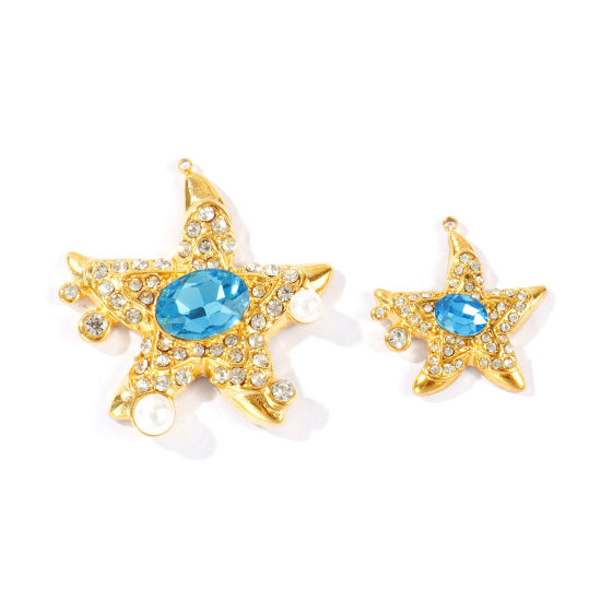 Picture of 1 Piece Eco-friendly PVD Waterproof Anti-Tarnish Hypoallergenic 304 Stainless Steel Ocean Jewelry Charms Wholesale 18K Real Gold Plated Starfish Blue Cubic Zirconia