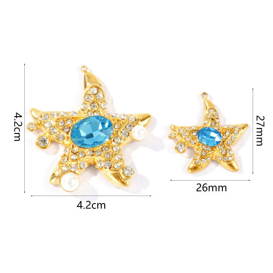 Picture of 1 Piece Eco-friendly PVD Waterproof Anti-Tarnish Hypoallergenic 304 Stainless Steel Ocean Jewelry Charms Wholesale 18K Real Gold Plated Starfish Blue Cubic Zirconia