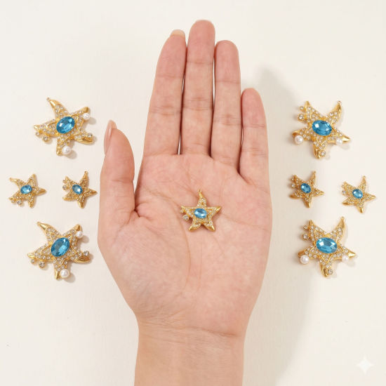 Picture of 1 Piece Eco-friendly PVD Waterproof Anti-Tarnish Hypoallergenic 304 Stainless Steel Ocean Jewelry Charms Wholesale 18K Real Gold Plated Starfish Blue Cubic Zirconia