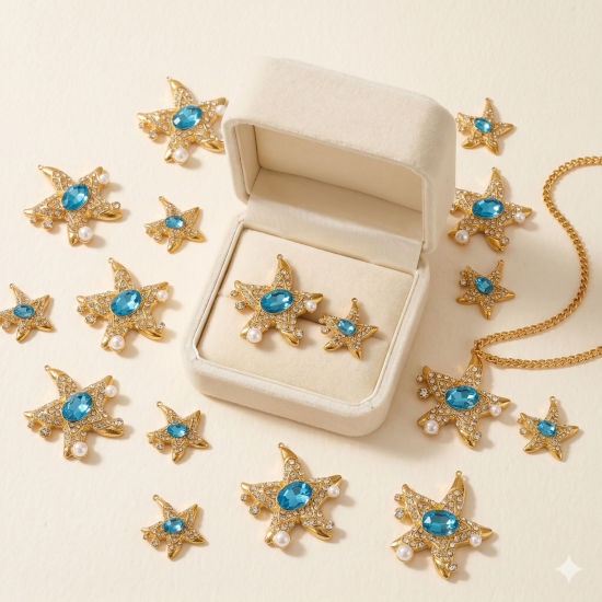 Picture of 1 Piece Eco-friendly PVD Waterproof Anti-Tarnish Hypoallergenic 304 Stainless Steel Ocean Jewelry Charms Wholesale 18K Real Gold Plated Starfish Blue Cubic Zirconia