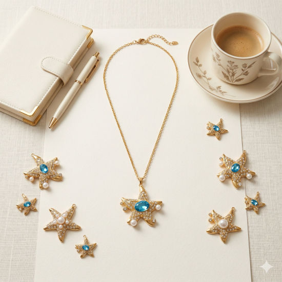 Picture of 1 Piece Eco-friendly PVD Waterproof Anti-Tarnish Hypoallergenic 304 Stainless Steel Ocean Jewelry Charms Wholesale 18K Real Gold Plated Starfish Blue Cubic Zirconia