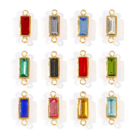 Picture of 1 Piece Eco-friendly PVD Waterproof Anti-Tarnish Hypoallergenic 304 Stainless Steel Birthstone Connectors Charms Pendants Wholesale 18K Real Gold Plated Rectangle Multicolor Rhinestone 13.5mm x 4mm