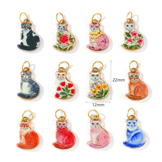 Picture of PVD 304 Stainless Steel Charms Wholesale 18K Real Gold Plated Multicolor Cat Animal Double Sided Printed 22mm x 12mm