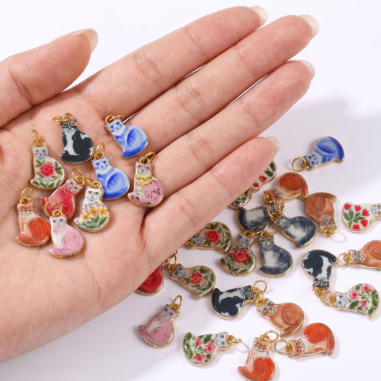 Picture of PVD 304 Stainless Steel Charms Wholesale 18K Real Gold Plated Multicolor Cat Animal Double Sided Printed 22mm x 12mm