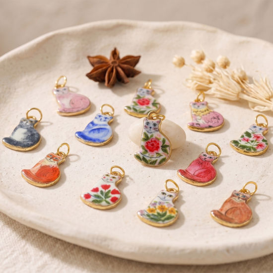 Picture of PVD 304 Stainless Steel Charms Wholesale 18K Real Gold Plated Multicolor Cat Animal Double Sided Printed 22mm x 12mm
